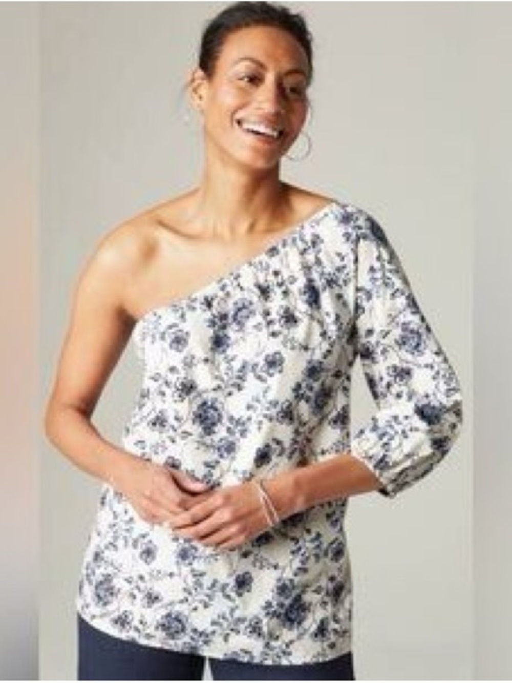 J. Jill One-Shoulder Floral Blouse in Navy and White